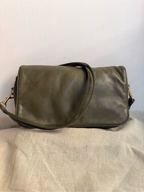 Vintage Soft Leather Clutch Crossbody Khaki Green Minimalist Rectangular Bag